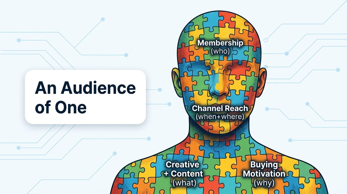 A human bust assembled from colorful interlocking puzzle pieces. Labels on the pieces read Membership (who), Channel Reach (when and where), Creative and Content (what), and Buying Motivation (why). A card to the left reads An Audience of One.
